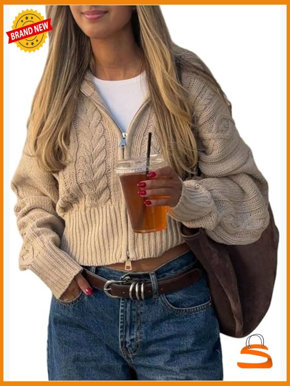 Cable Knit Cropped Zip Up Hooded Cardigan Sweater Y2k Oversized Cozy